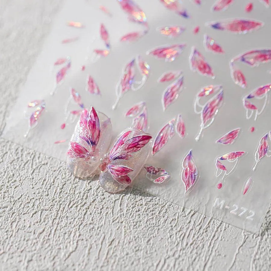 Pink Feather Wing Nail Art Stickers 3D Adhesive Butterfly Angel Wings Sticker Decals M271