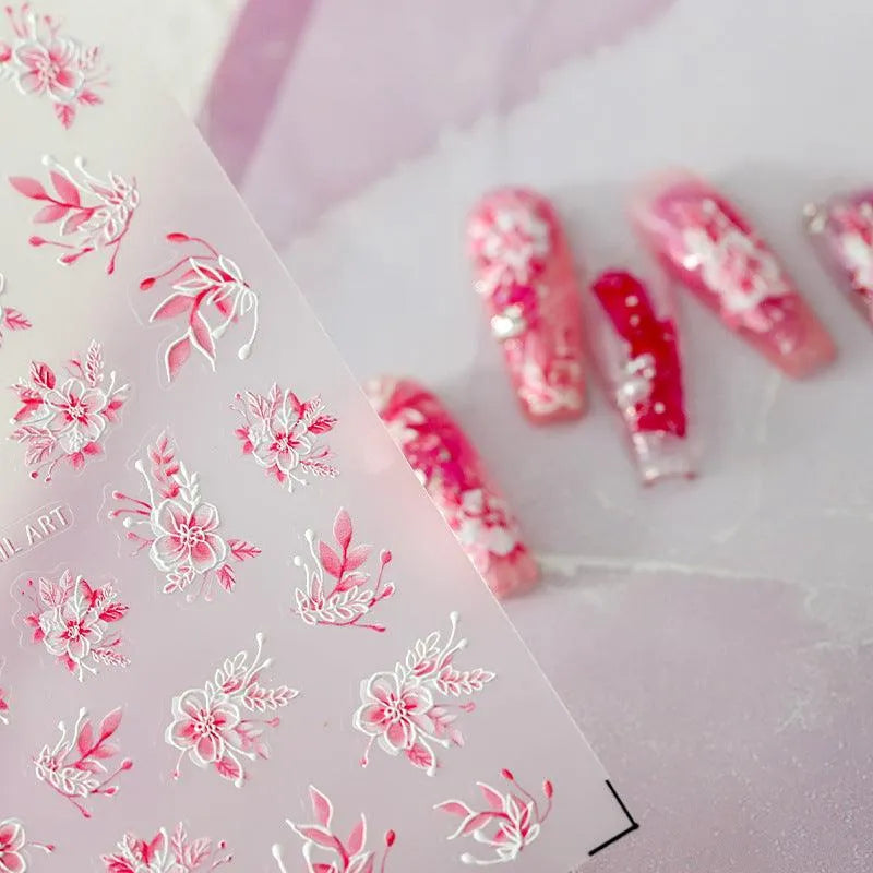 Pink Floral Nail Art Stickers Flower Leaf Adhesive Sticker Decals TS2161