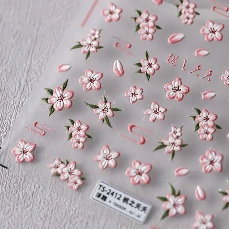 Pink Flower Nail Art Stickers Adhesive Slider Peach Blossom Sticker Decals TS2411