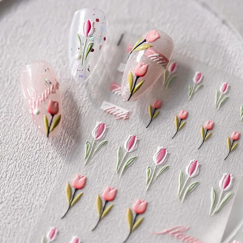 Pink Flower Nail Art Stickers Adhesive Slider Tulips Sticker Decals TS2347
