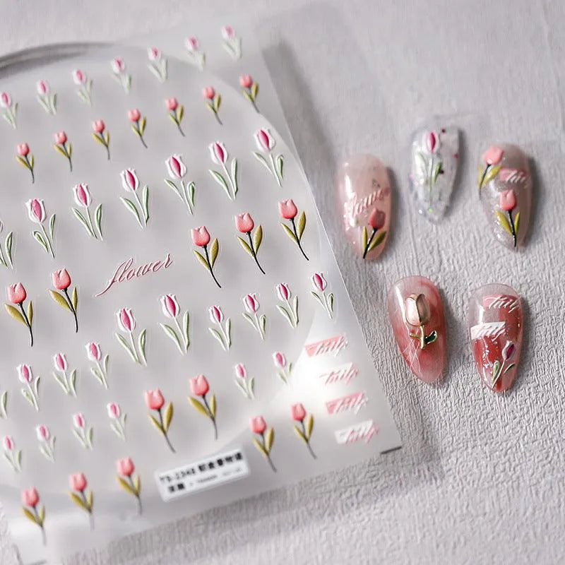 Pink Flower Nail Art Stickers Adhesive Slider Tulips Sticker Decals TS2347