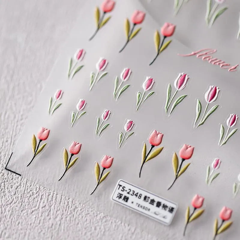 Pink Flower Nail Art Stickers Adhesive Slider Tulips Sticker Decals TS2347