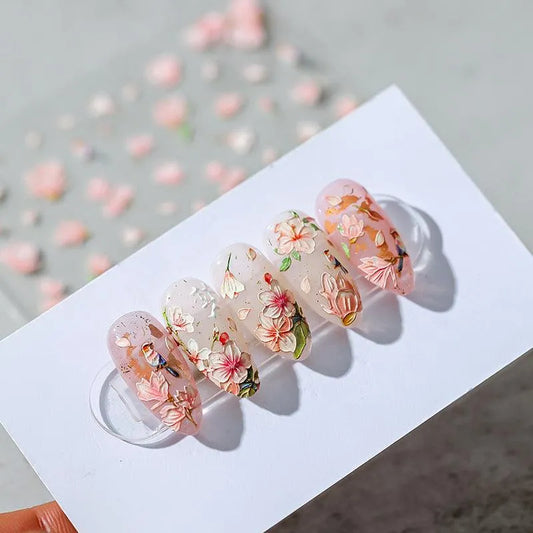 Pink Flower Nail Art Stickers Embossed Magnolia Floral Sticker Decals TS1323