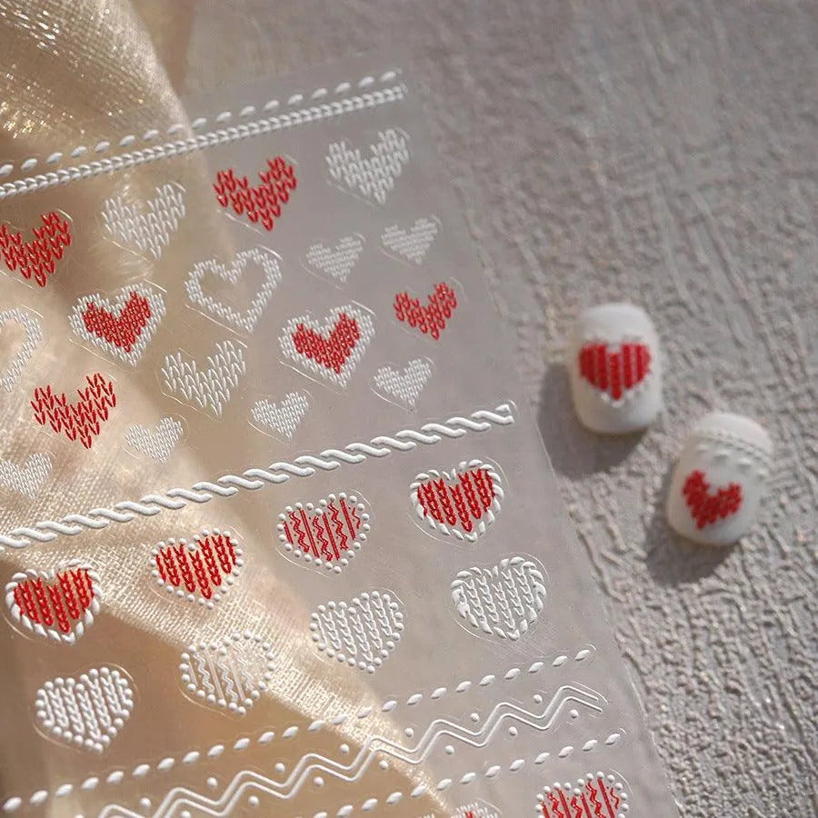 Pink Knitting Sweater Design Nail Art Stickers Adhesive Embossed Love Sticker Decals TS3974