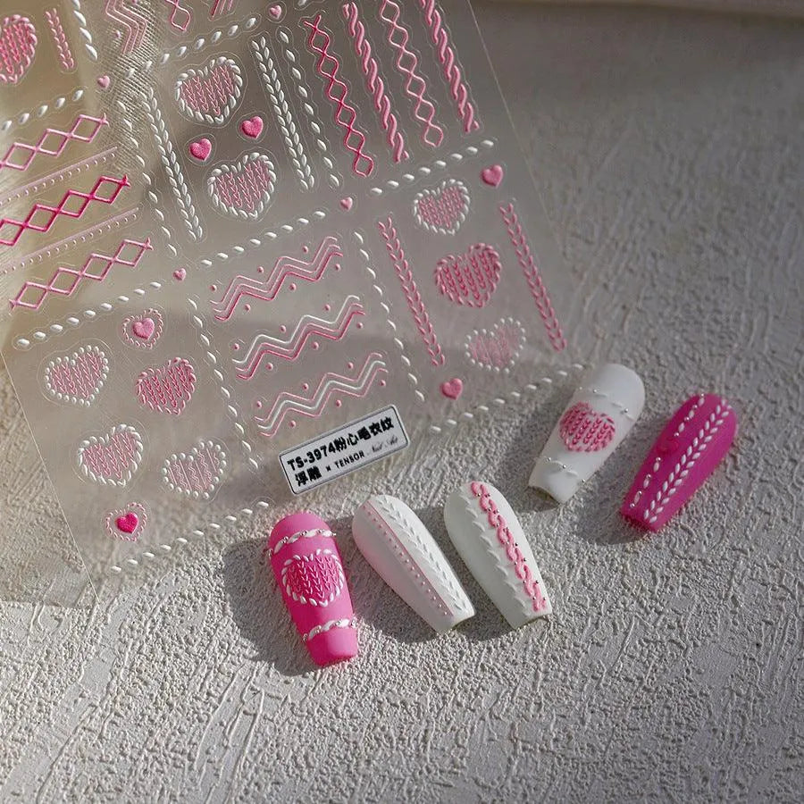 Pink Knitting Sweater Design Nail Art Stickers Adhesive Embossed Love Sticker Decals TS3974