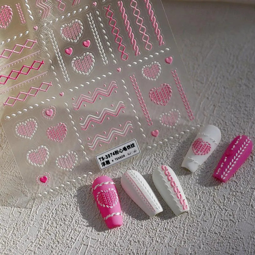 Pink Knitting Sweater Design Nail Art Stickers Adhesive Embossed Love Sticker Decals TS3974