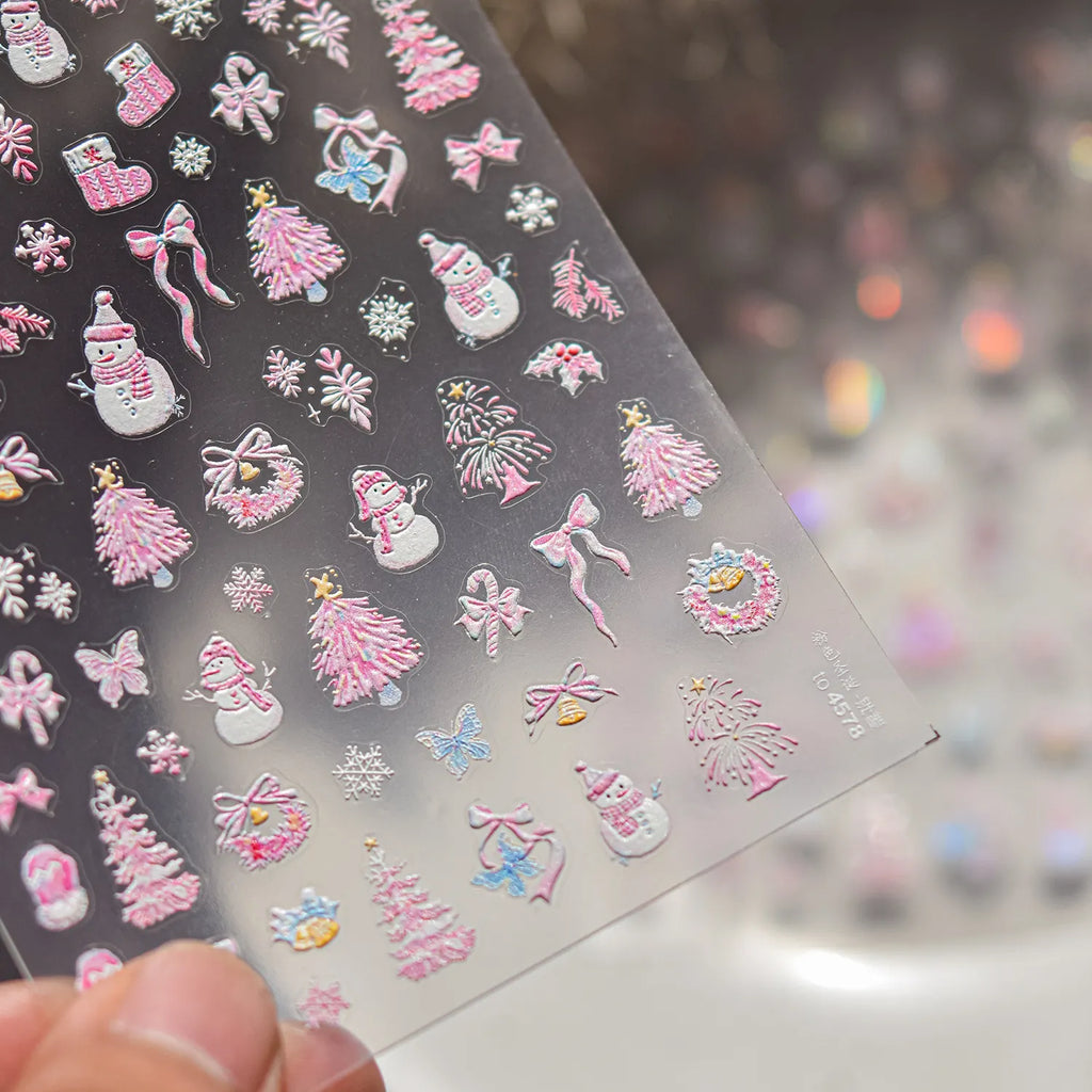 Pink Snowman Nail Art Stickers Adhesive Winter Snowflake Embossed Sticker Decals to4578