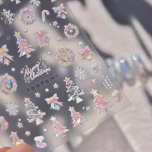 Pink Tree Christmas Nail Art Stickers Adhesive Embossed Bow Knot Bell Sticker Decals to3606