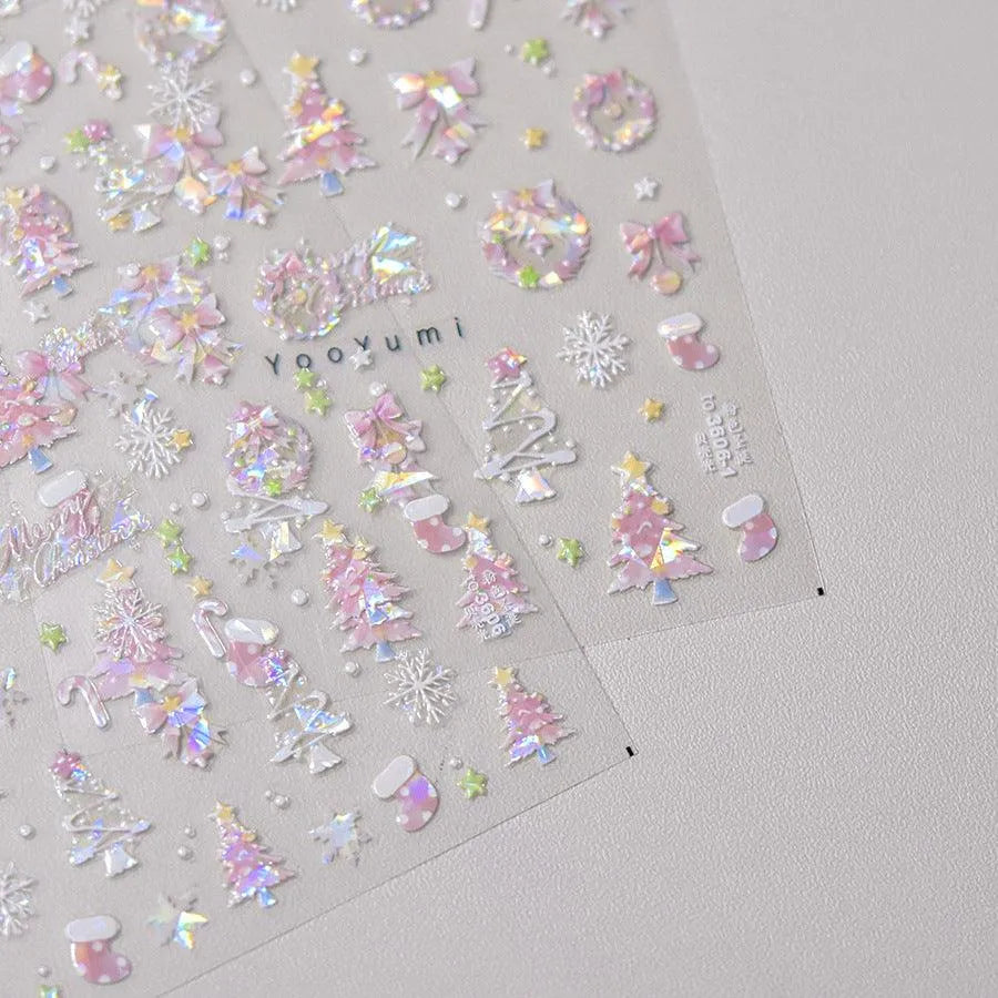Pink Tree Christmas Nail Art Stickers Adhesive Embossed Bow Knot Bell Sticker Decals to3606