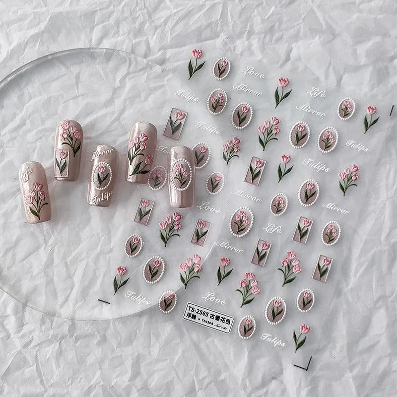 Pink Tulips Nail Art Stickers Flowers Adhesive Sticker Decals TS2565