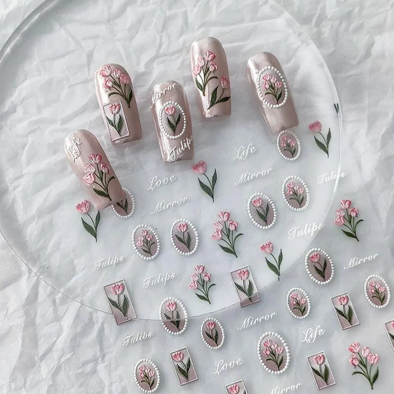 Pink Tulips Nail Art Stickers Flowers Adhesive Sticker Decals TS2565