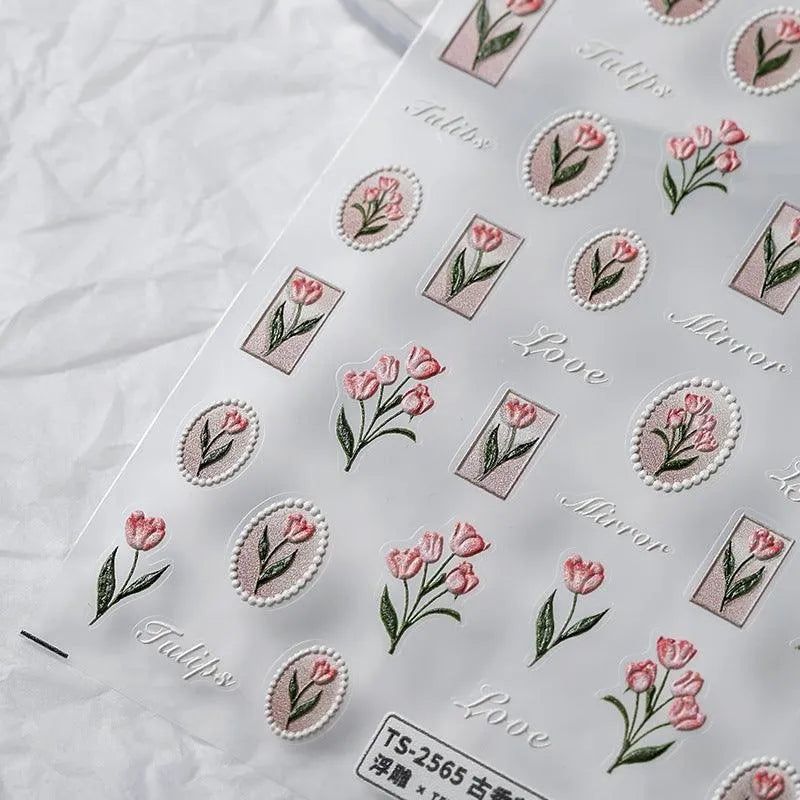 Pink Tulips Nail Art Stickers Flowers Adhesive Sticker Decals TS2565