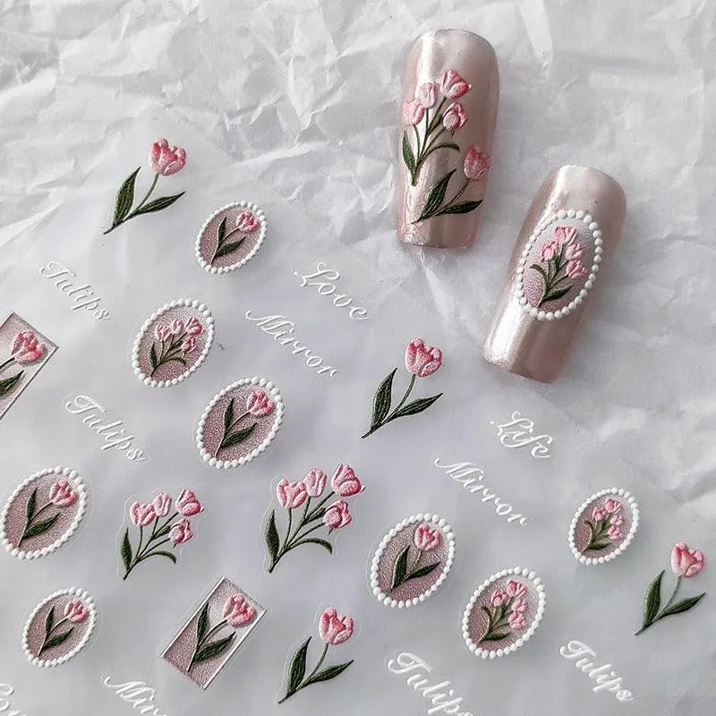 Pink Tulips Nail Art Stickers Flowers Adhesive Sticker Decals TS2565
