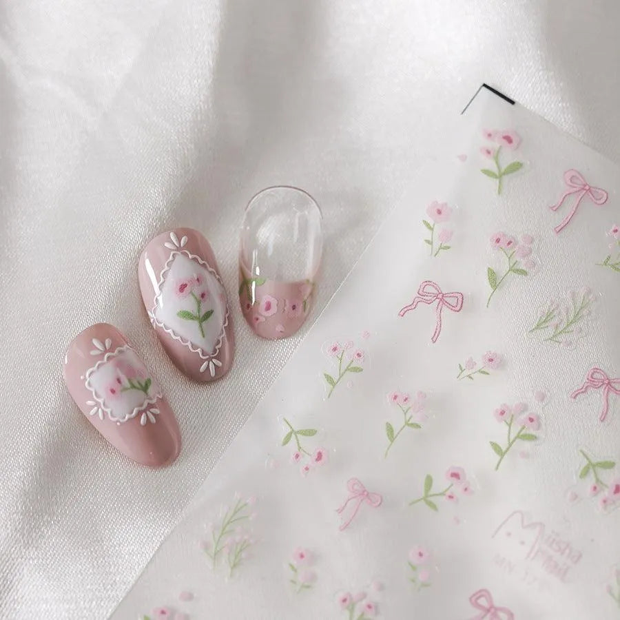 Pink Wild Flower Lace Nail Art Stickers Embossed Minimalist Flowers Adhesive Sticker Decals MN375