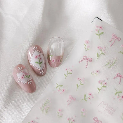 Pink Wild Flower Lace Nail Art Stickers Embossed Minimalist Flowers Adhesive Sticker Decals MN375