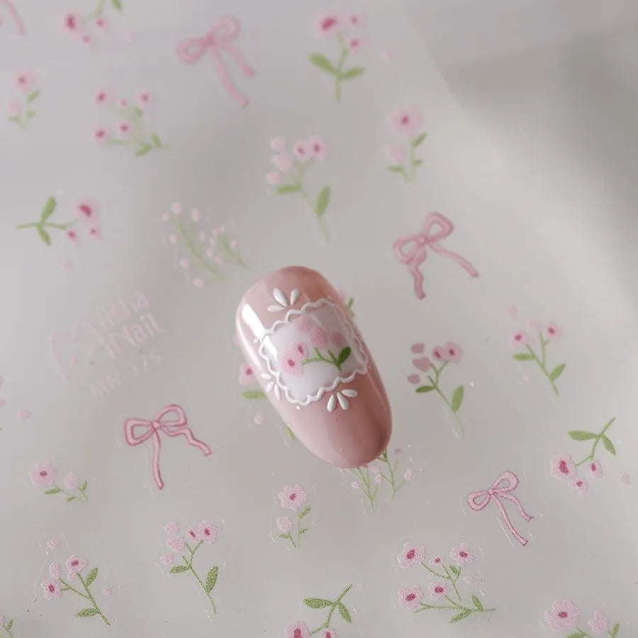 Pink Wild Flower Lace Nail Art Stickers Embossed Minimalist Flowers Adhesive Sticker Decals MN375