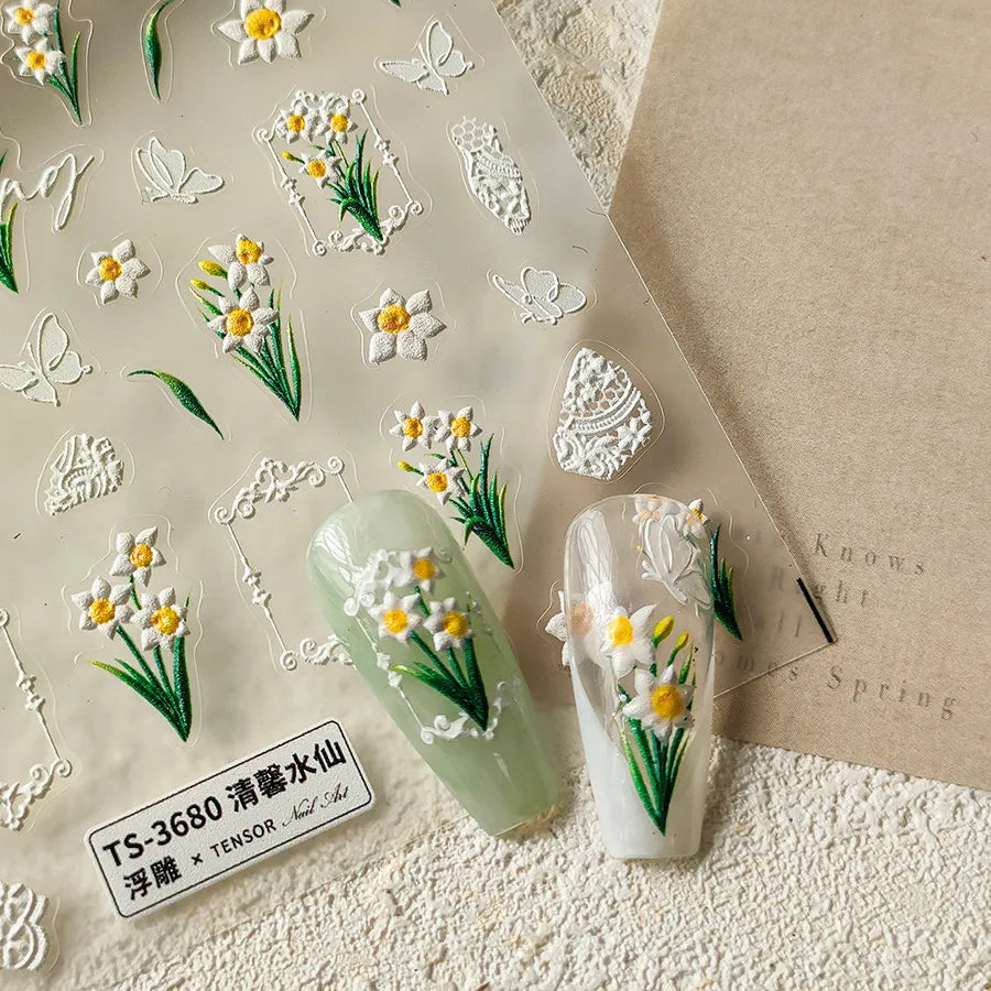 Plumeria Nail Art Stickers Lily Daffodils Flowers Adhesive Embossed Sticker Decals 