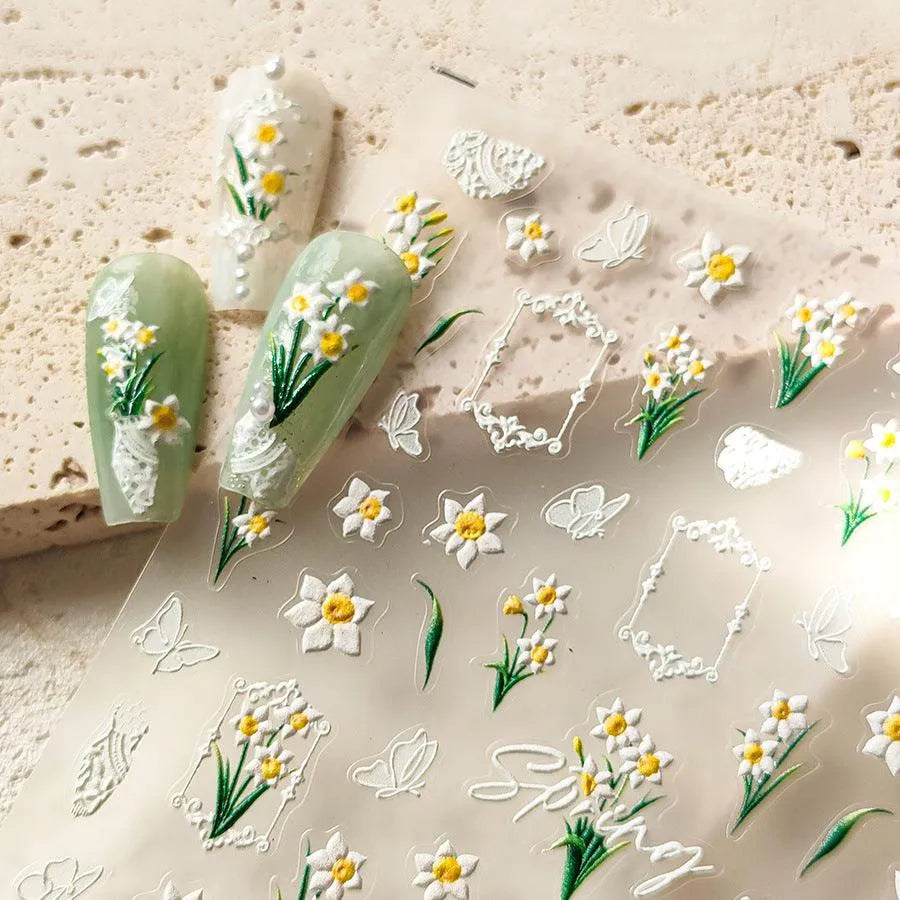 Plumeria Nail Art Stickers Lily Daffodils Flowers Adhesive Embossed Sticker Decals 