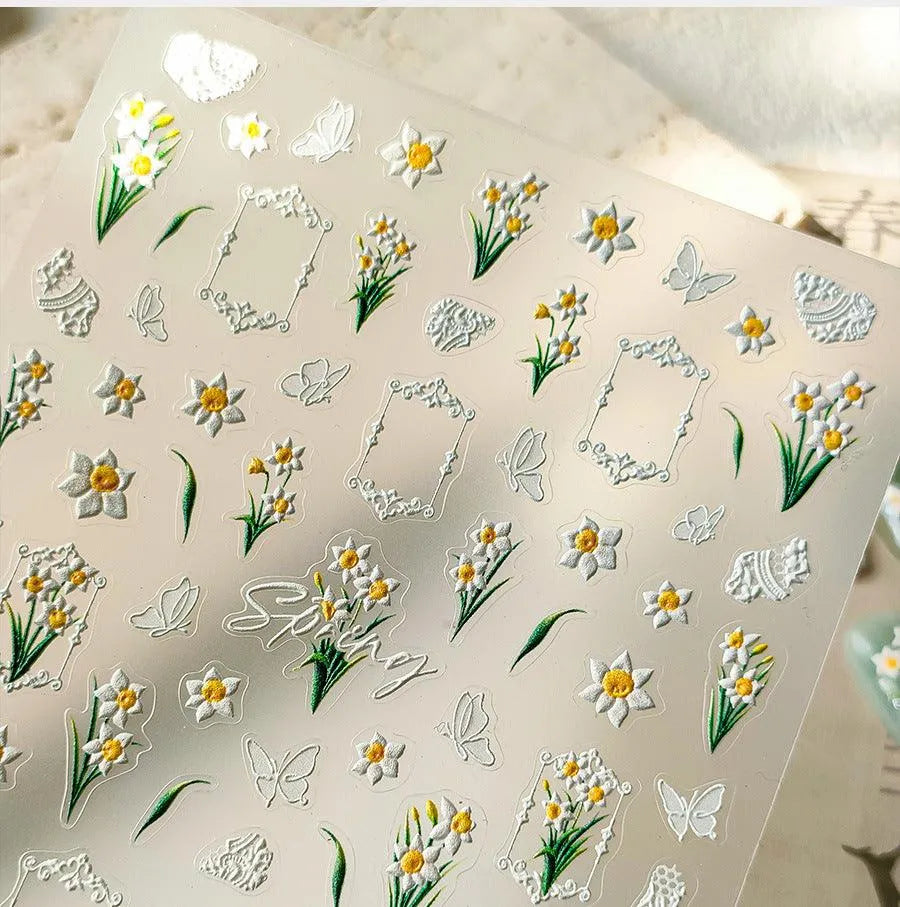 Plumeria Nail Art Stickers Lily Daffodils Flowers Adhesive Embossed Sticker Decals 