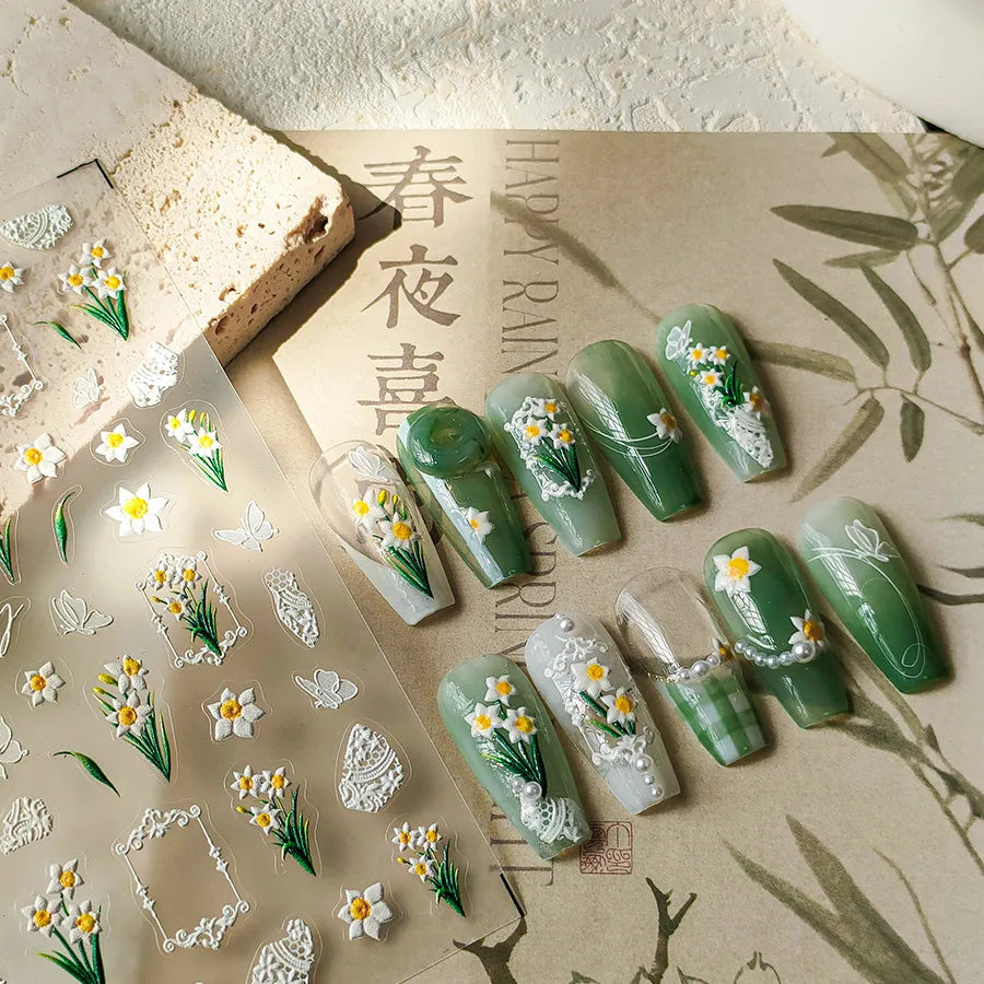 Plumeria Nail Art Stickers Lily Daffodils Flowers Adhesive Embossed Sticker Decals 