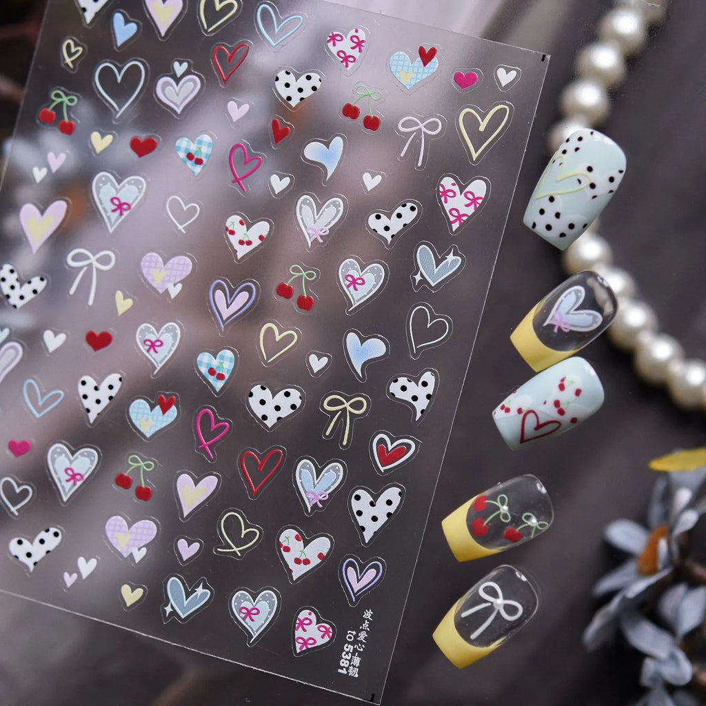 Polka Dot Heart & Bow Nail Stickers - Kawaii Cherry Decals 5381