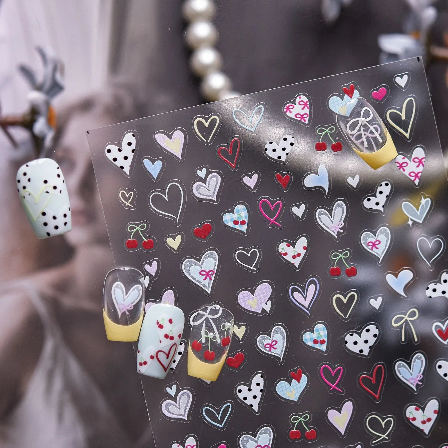 Polka Dot Heart & Bow Nail Stickers - Kawaii Cherry Decals