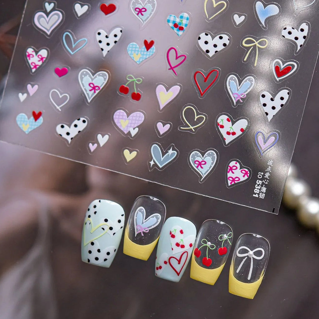 Polka Dot Heart & Bow Nail Stickers - Kawaii Cherry Decals 5381