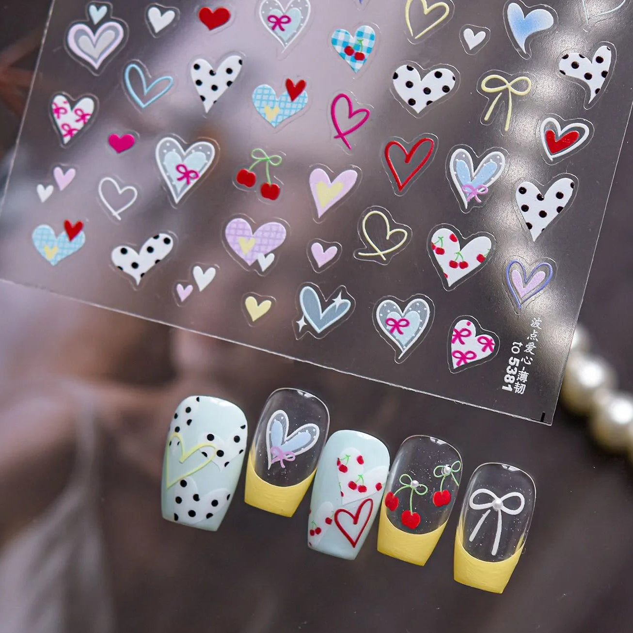 Polka Dot Heart & Bow Nail Stickers - Kawaii Cherry Decals 5381