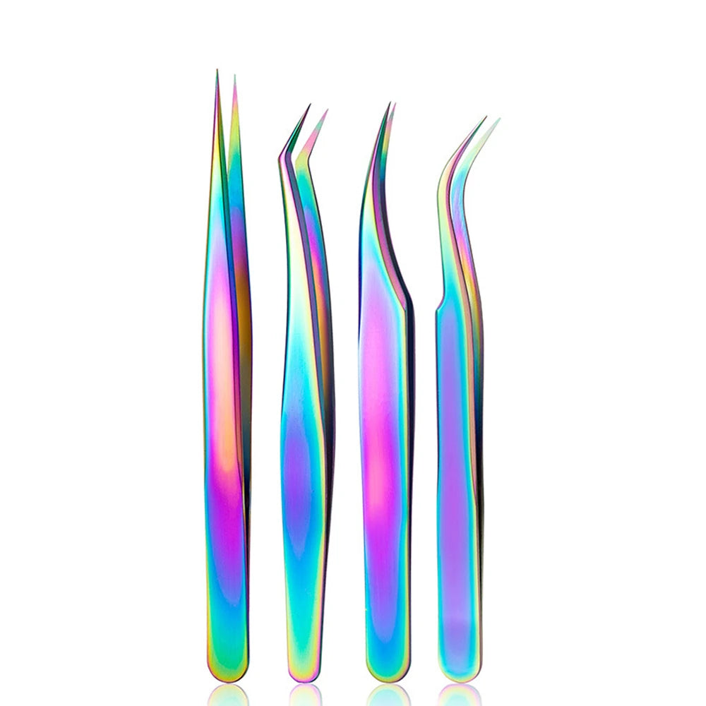 A collection of rainbow plasma finish nail art tweezers, showing both straight and curved precision tips on a clean white background.