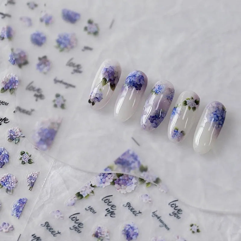 Purple Flower Nail Art Stickers Adhesive Sliders Hydrangea Sticker Decals MN289