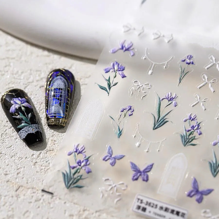 Purple Flower Nail Art Stickers Iris Flower Adhesive Slider Sticker Decals TS3625