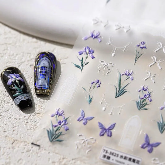 Purple Flower Nail Art Stickers Iris Flower Adhesive Slider Sticker Decals TS3625