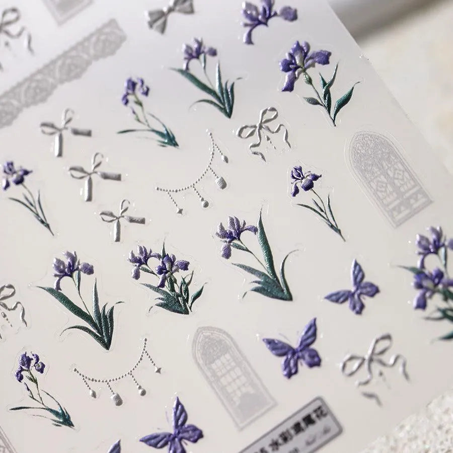 Purple Flower Nail Art Stickers Iris Flower Adhesive Slider Sticker Decals TS3625