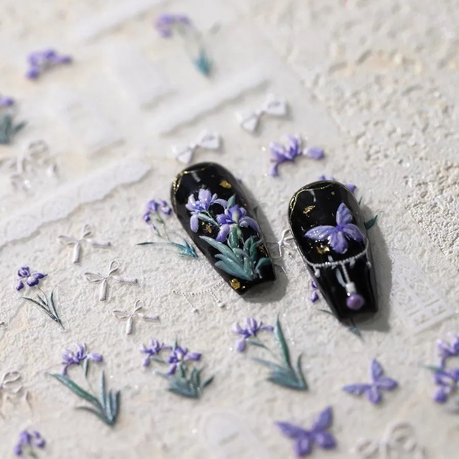 Purple Flower Nail Art Stickers Iris Flower Adhesive Slider Sticker Decals TS3625