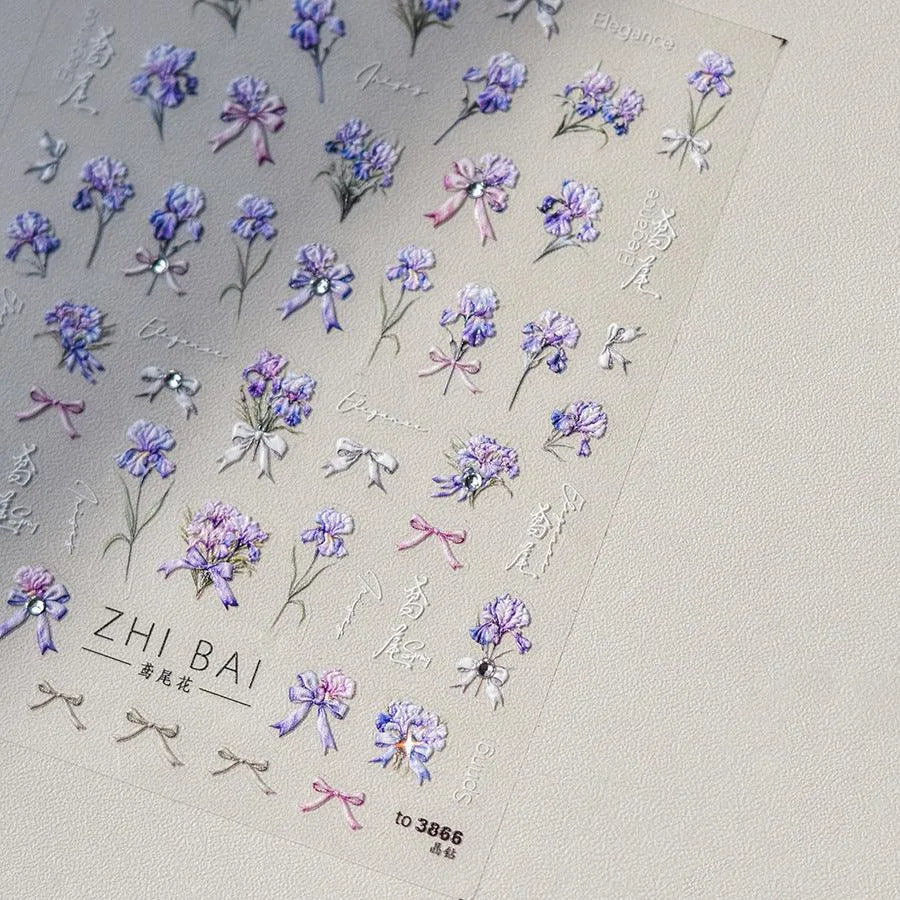 Purple Flower Nail Stickers Embossed Iris Flowers Leaf Nail Decals Self-Adhesive DIY Manicure Accessories 