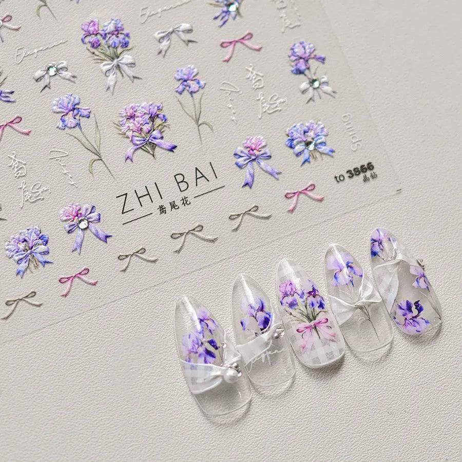 Purple Flower Nail Stickers Embossed Iris Flowers Leaf Nail Decals Self-Adhesive DIY Manicure Accessories 