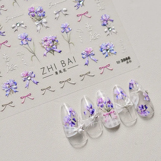 Purple Flower Nail Stickers Embossed Iris Flowers Leaf Nail Decals Self-Adhesive DIY Manicure Accessories 