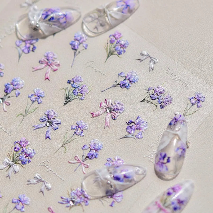 Purple Flower Nail Stickers Embossed Iris Flowers Leaf Nail Decals Self-Adhesive DIY Manicure Accessories 