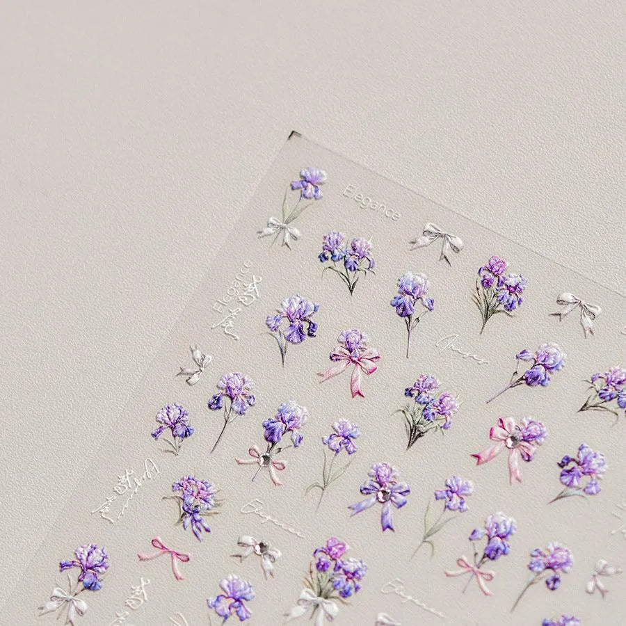 Purple Flower Nail Stickers Embossed Iris Flowers Leaf Nail Decals Self-Adhesive DIY Manicure Accessories 