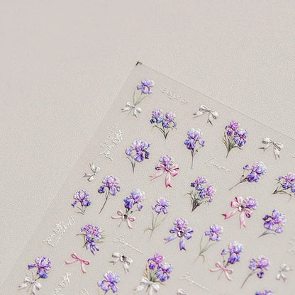 Purple Flower Nail Stickers Embossed Iris Flowers Leaf Nail Decals Self-Adhesive DIY Manicure Accessories 