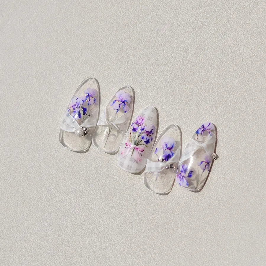 Purple Flower Nail Stickers Embossed Iris Flowers Leaf Nail Decals Self-Adhesive DIY Manicure Accessories 
