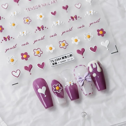 Purple Hearts Nail Art Stickers Adhesive Slider Flower Bow Sticker Decals TS2383