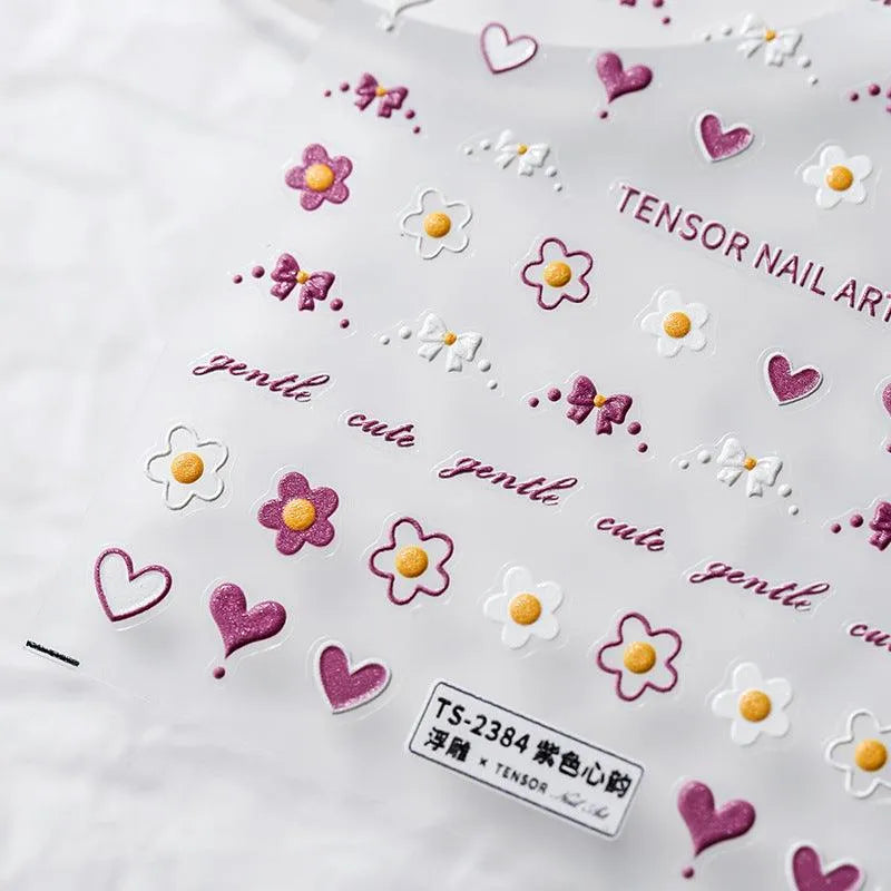 Purple Hearts Nail Art Stickers Adhesive Slider Flower Bow Sticker Decals TS2383
