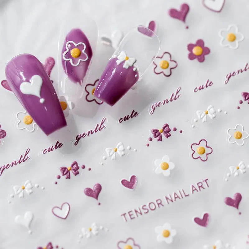 Purple Hearts Nail Art Stickers Adhesive Slider Flower Bow Sticker Decals TS2383