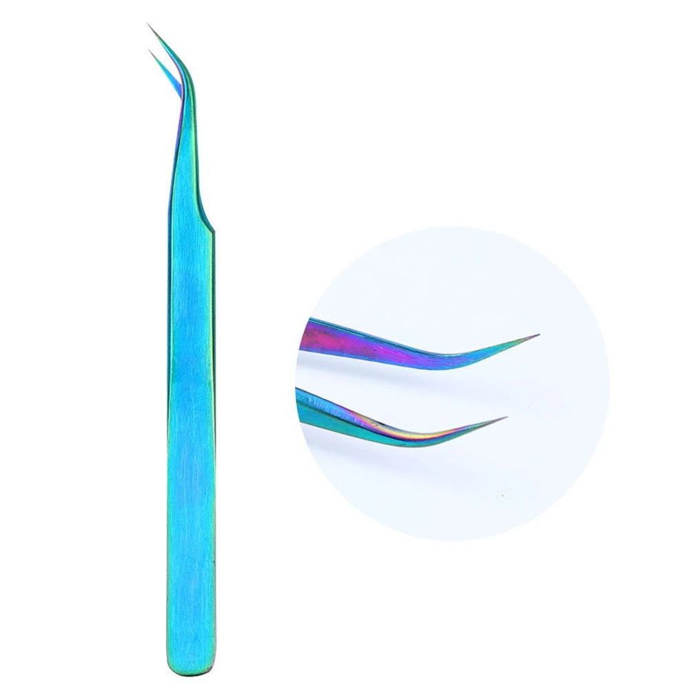 Multicolored tweezers with a close-up inset on a white background