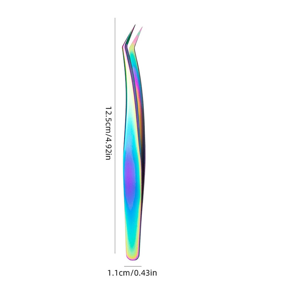 Multicolored tweezers with measurements on a white background