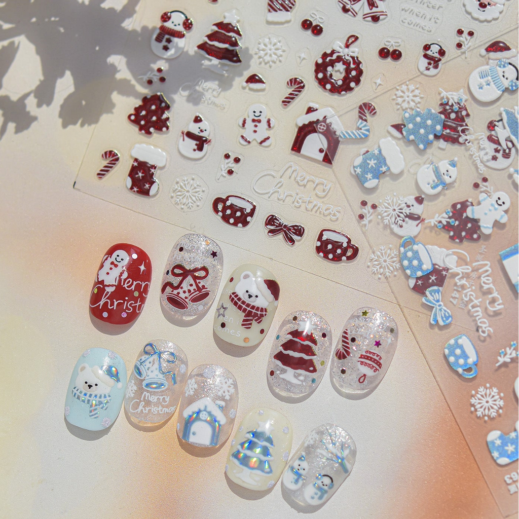 Red Blue Glitter Christmas Nail Stickers - Winter Snowman Snowflakes Decals 6147