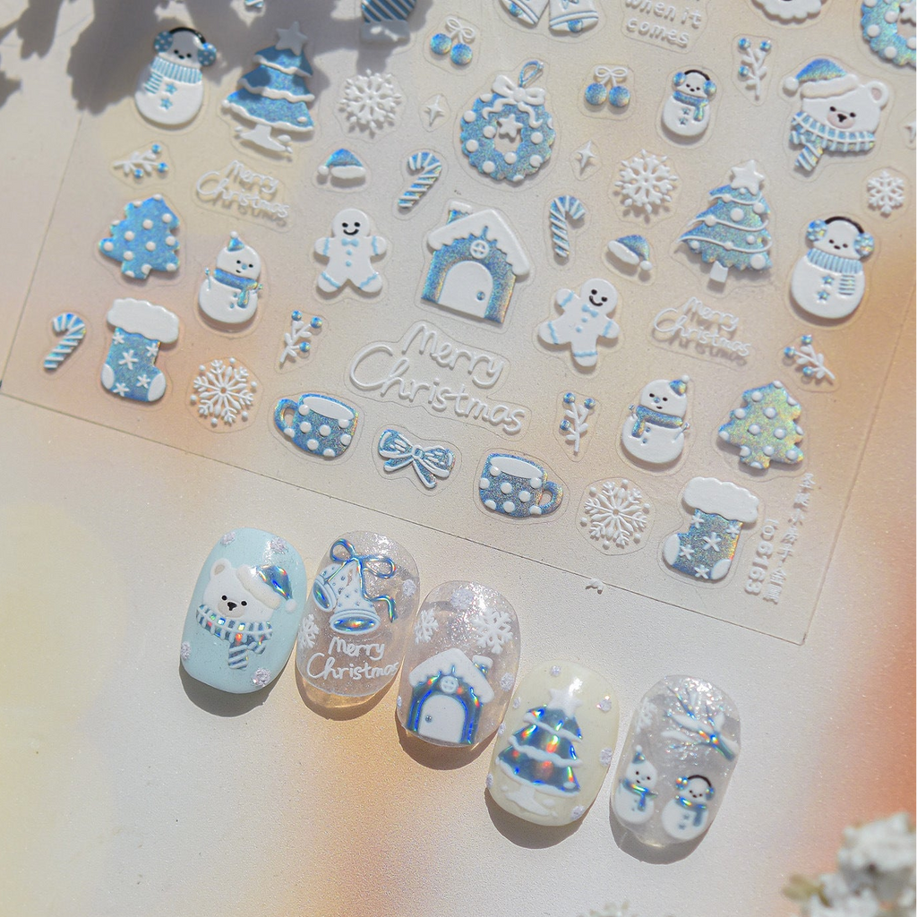 Red Blue Glitter Christmas Nail Stickers - Winter Snowman Snowflakes Decals 6147