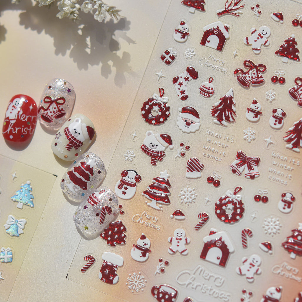Red Blue Glitter Christmas Nail Stickers - Winter Snowman Snowflakes Decals 6147