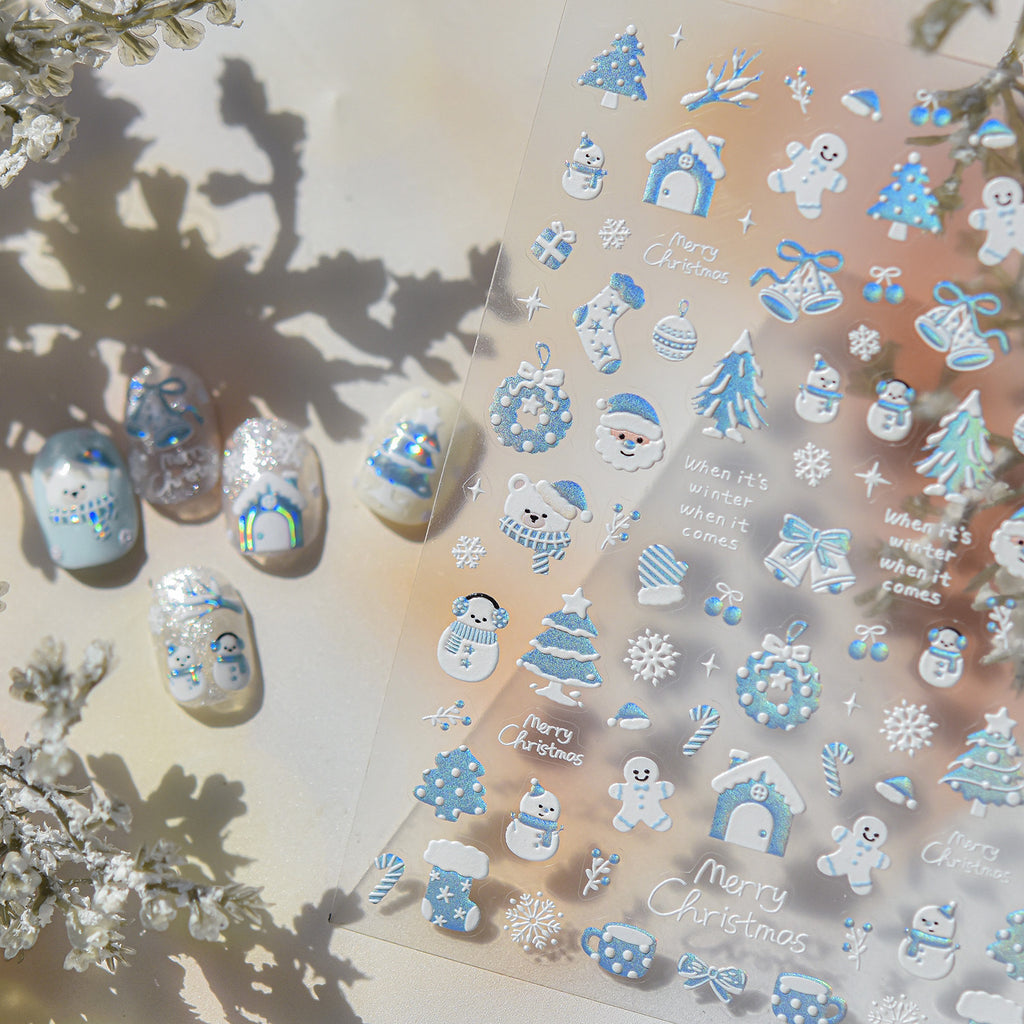 Red Blue Glitter Christmas Nail Stickers - Winter Snowman Snowflakes Decals 6147